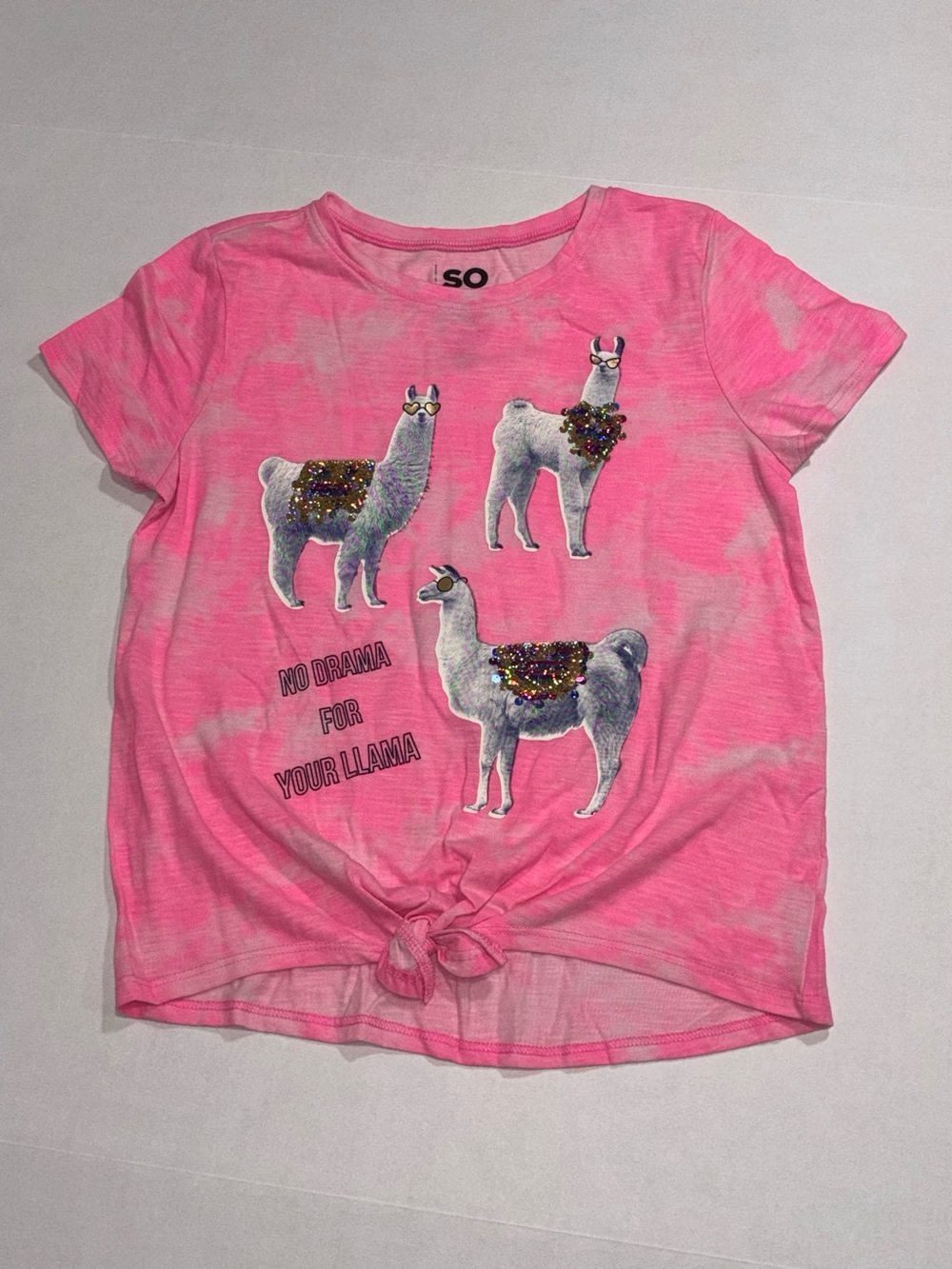 SO Girls Pink Tie-Dye Llama Sequin Graphic Short Sleeve T-Shirt L 10/12